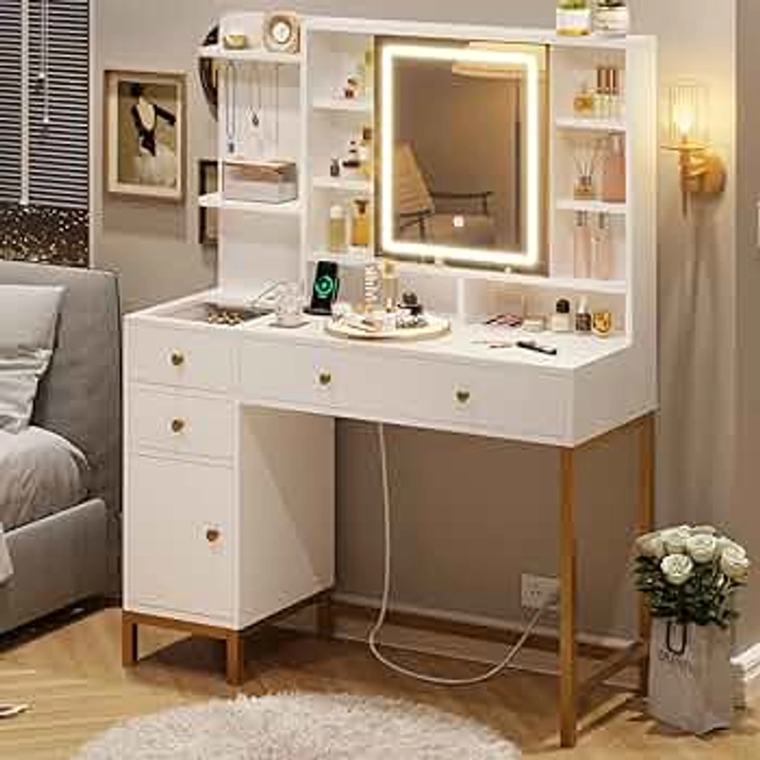 VIAGDO White Vanity with Openable Mirror and Charging Station, Makeup Vanity Desk with Lights and 4 Drawers, Vanity Table with Storage Shelves, Hooks, Hidden Space