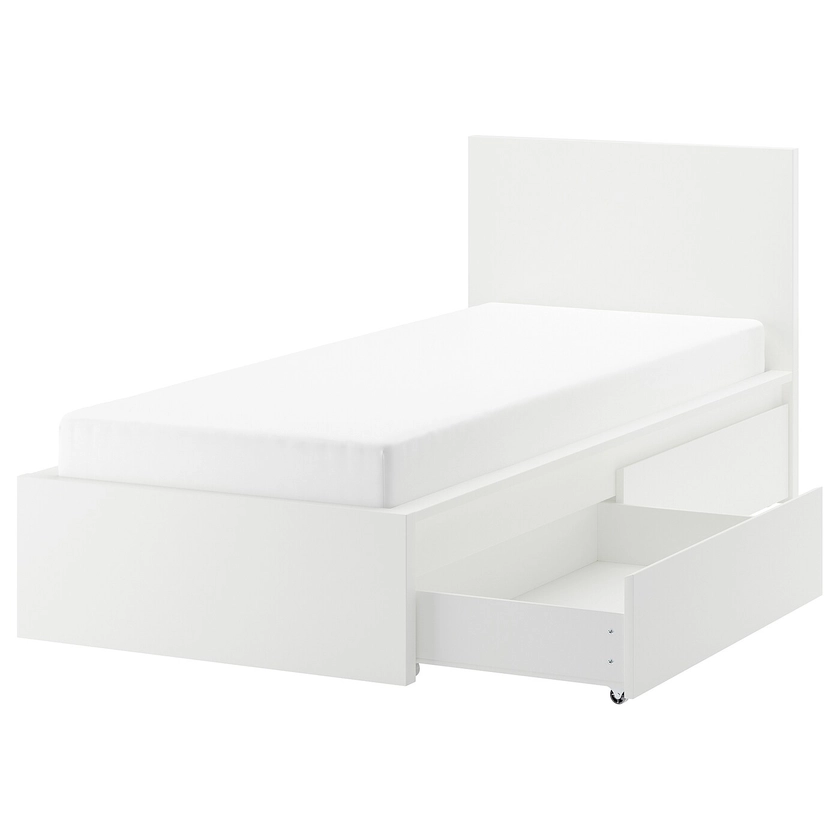 MALM Base de cama, alta, con 2 cajones - blanco/Luröy Individual