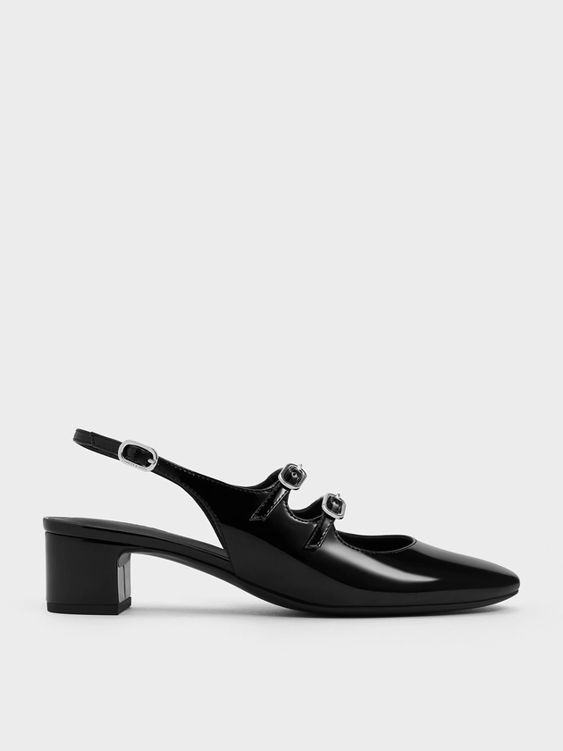 Black Boxed Double-Strap Slingback Mary Jane Pumps | CHARLES & KEITH UK