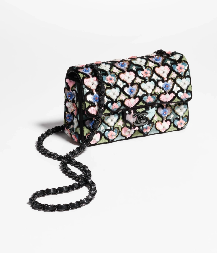 Mini classic handbag, Embroidered satin, sequins, glass pearls & ruthenium-finish metal, black, blue, green & pink — Fashion | CHANEL