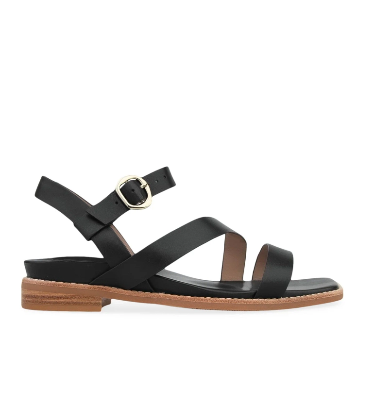 Twite Black Leather Flat Sandals