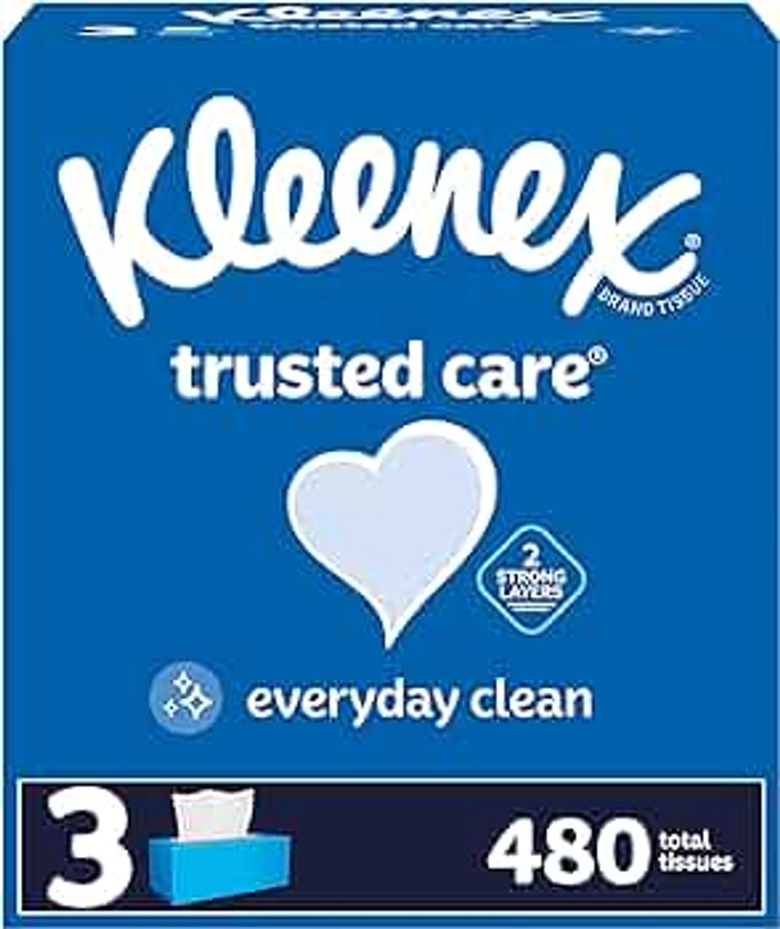 Kleenex Trusted Care Facial Tissues, 3 Flat Boxes, 160 Tissues per Box, 2-Ply (480 Total Tissues), Packaging May Vary