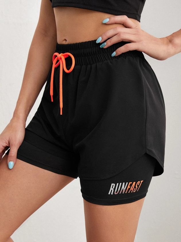 SHEIN Running Breathable Letter Graphic 2 em 1 Shorts esportivos