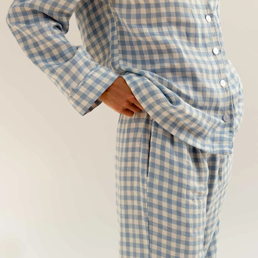 Warm Blue Gingham Linen Pyjama Trousers
