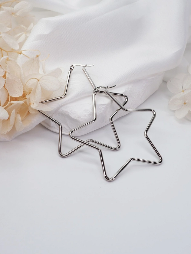 2pcs Stainless Steel Geometric Hoop Earrings With Star, Heart, Circle Design In Various Sizes, Colors And Styles