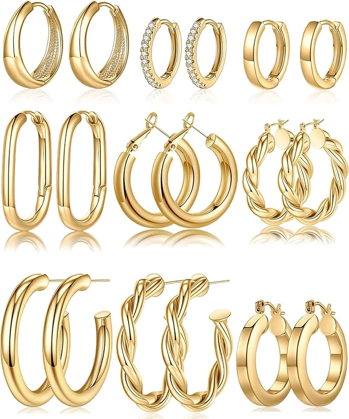 Yesteel 9 Pairs Gold Hoop Earrings for Women, 925 Sterling Silver Post 14K Real Gold Plated Chunky Hoop Earrings Set for Women Hypoallergenic Thick Lightweight Hoop Earrings for Women Gold Jewelry Gifts