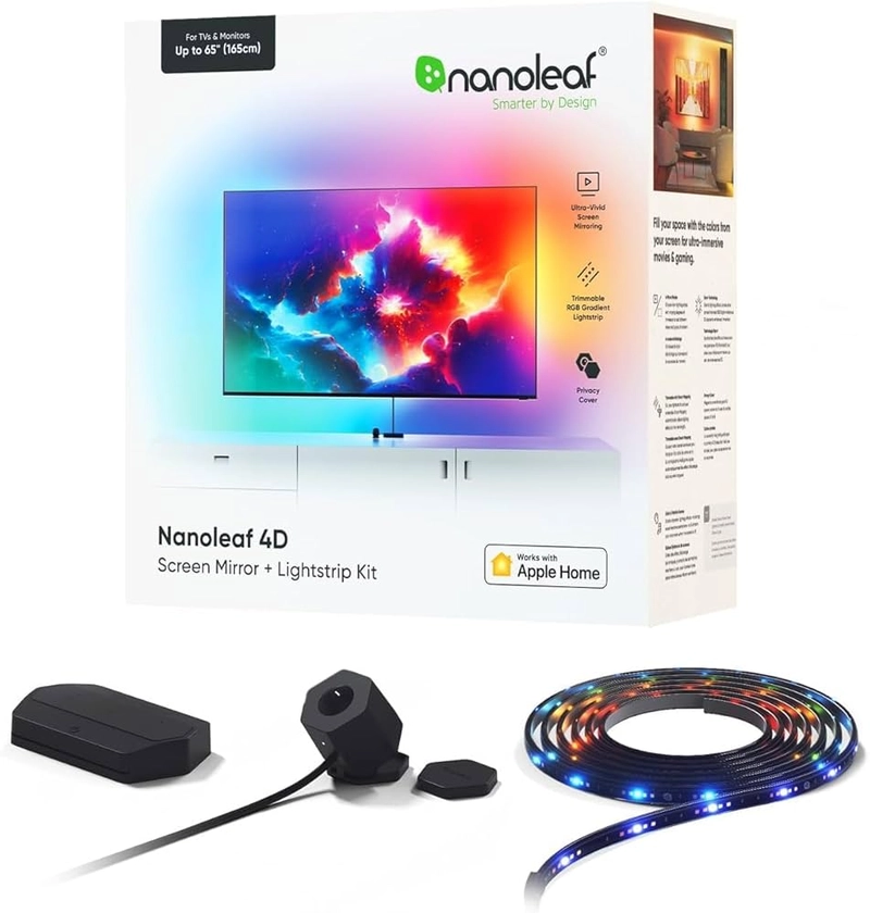 Nanoleaf Kit 4D Screen Mirror + Kit Lightstrip pour téléviseurs et écrans jusqu'à 65"/165 cm - Ruban LED RGBW connecté + Caméra, Thread & Wifi, Compatible Amazon Alexa Google Home Apple