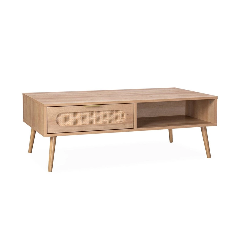 Table basse scandinave en cannage arrondi, 1 tiroir EVA