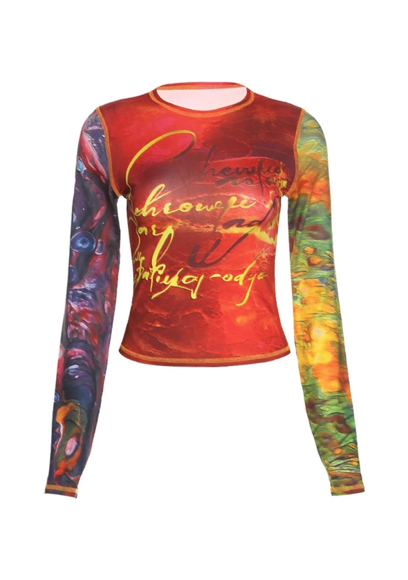 Crew Neck Long Sleeve Colorful Printed Slim Mesh Top Cherrykitten