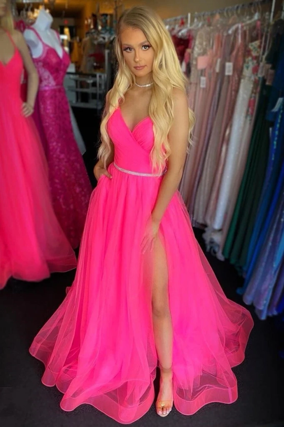 A Line V Neck Backless Hot Pink Long Prom Dress with Slit, Backless Ho