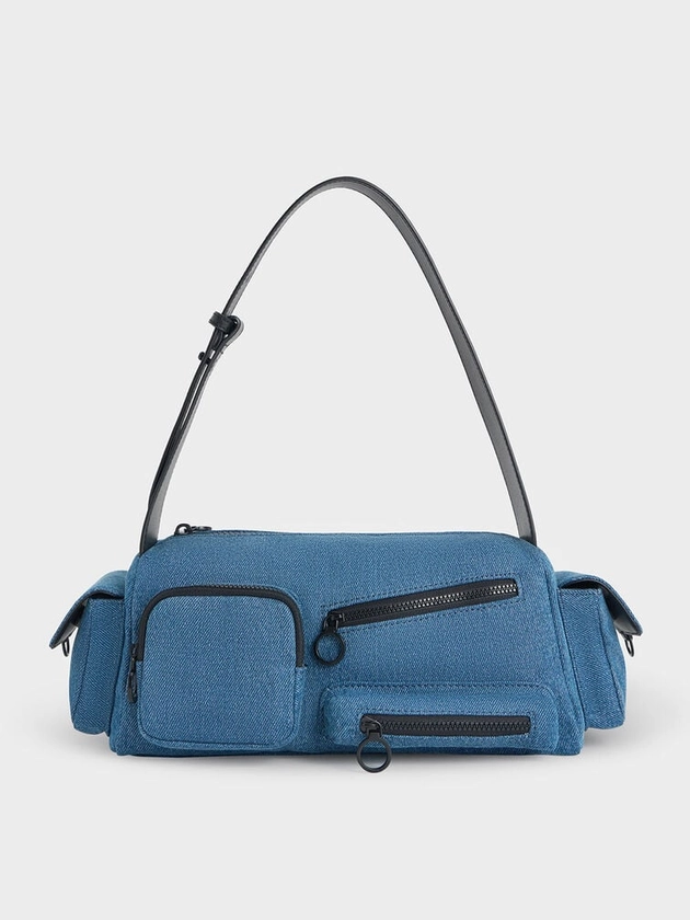 Sac porté épaule en denim multipoches Matilda    
         - Bleu Denim