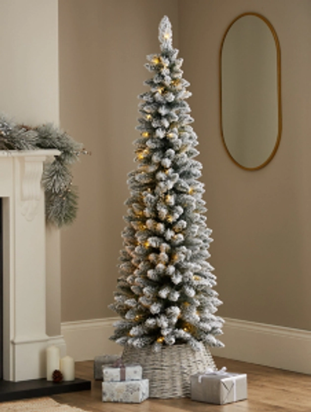 Green & White Slim Snowy Pre-Lit Christmas Tree 6FT