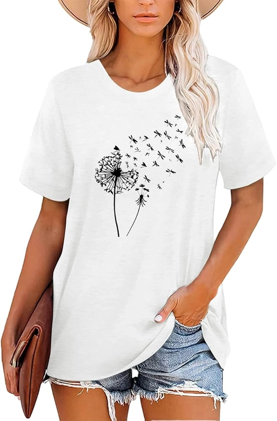 Womens Dandelion Graphic Tees Teen Girls Cute Mandala Shirts Flower Clothes Casual Summer Tops