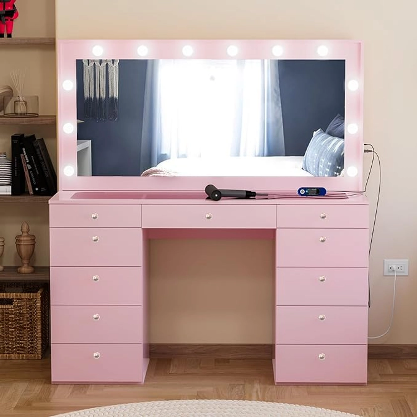 Amazon.com: Boahaus Anaisa EXTRA LARGE Makeup Vanity, Large Pink Vanity Mirror with Lights Built-in, Makeup Vanity with 11 Drawers, Power Outlet, USB Ports, Rose Gold Crystal Ball Knobs, 61.02''Hx56.3''Wx20.08''D : Everything Else