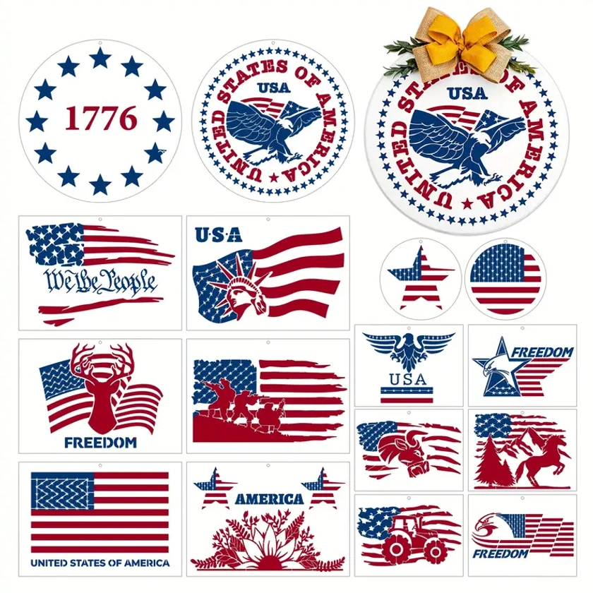 4th Of July Stencils - 16 Pcs Independence Day Stencils For Painting On Wood, American Flag Stencils For Painting On Wall, Reusable Stencils Drawing T