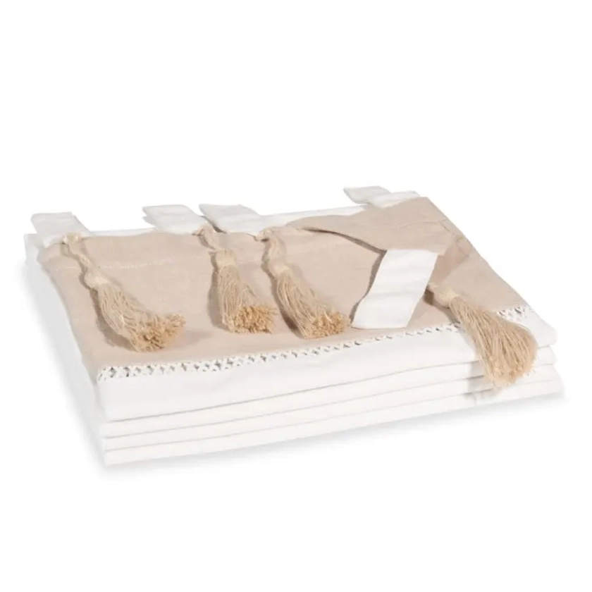 Rideau en coton blanc et beige avec pompons 150x250 | Maisons du Monde