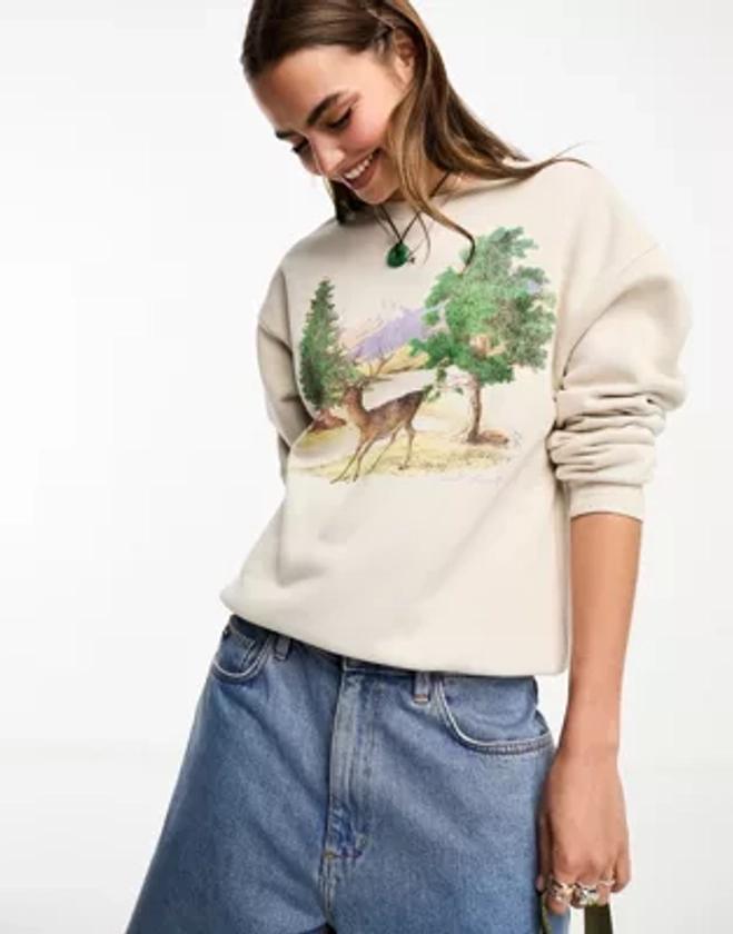 Cotton On - Sweat-shirt à imprimé forêt vintage - Écru