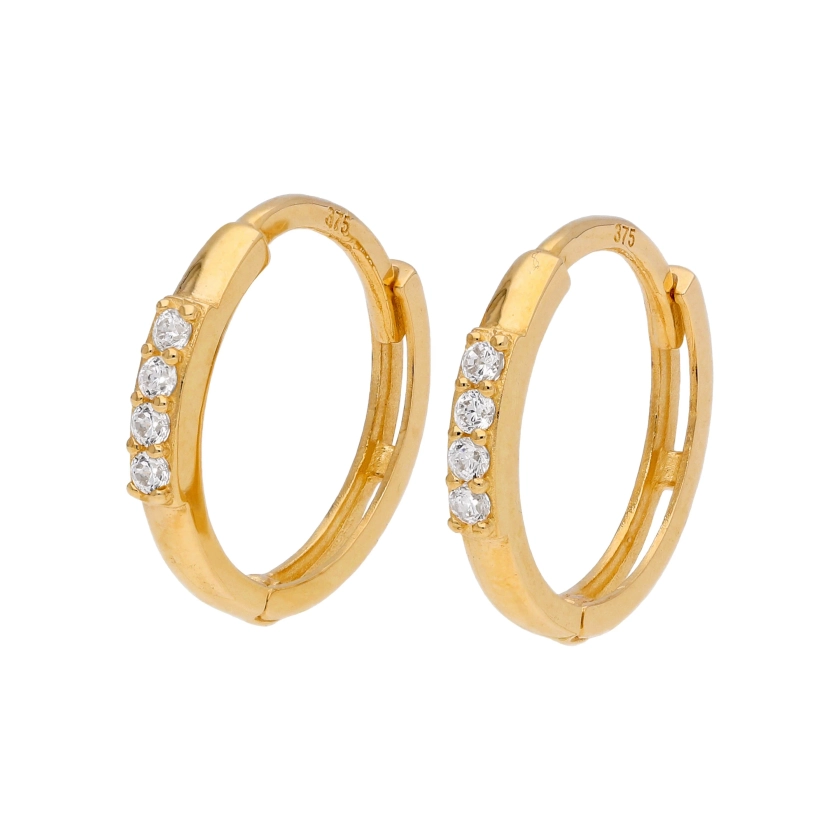 9ct Gold 4 Round CZ 12mm Huggie Hoop Earrings