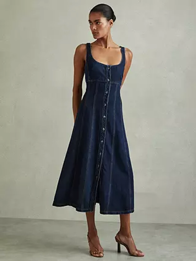 Reiss Lyle Denim Midi Dress, Dark Blue