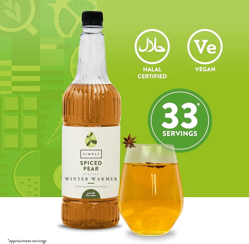 Simply Spiced Pear Winter Warmer Syrup, Vegan and Nut Free Flavoured Syrup for Hot Drinks (1 Litre)