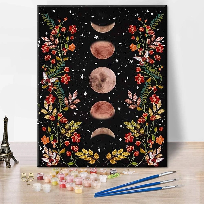 TISHIRON Moonlit Garden Peinture par numéros Phase de la lune Entouré de vignes et de fleurs Kit noir pour adultes et enfants Cadeau unique 40,6 x 50,4 cm Sans cadre : Amazon.fr: Livres