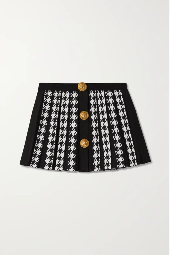 BALMAIN Button-embellished pleated houndstooth jacquard-knit mini skirt