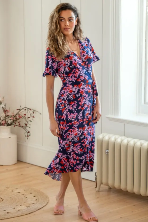 Megan Fuller Bust Slinky Jersey Frill Detail Midi Wrap Dress in Navy/Pink | Pour Moi