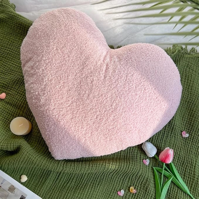 EastTree Heart Pillows, Pink Heart Shaped Pillows, Love Throw Pillows, Cute Sherpa Heart Decor, Large Fluffy Pillows, Women Girls Living Bedroom Home Decoration 15x18 Inch