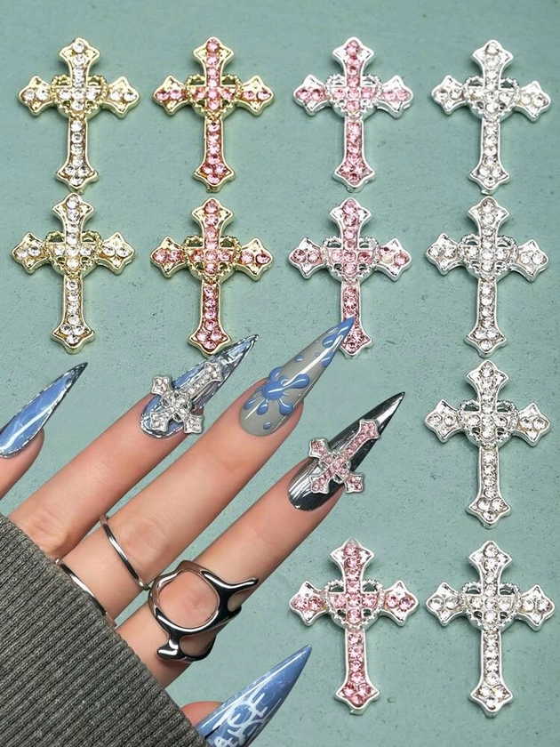 5pcs Large Size Cross Heart Nail Drills Rhinestones & Alloy Nail Art Decorations DIY Nail Charms Nail Gems Nail Supplies