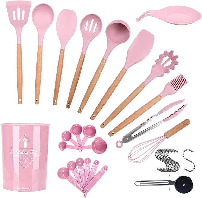 ONATISMAGIN Kitchen Utensils Set, 35pcs Non-Stick Silicone Cooking Utensils Set, Heat Resistance Cooking Tools, Kitchen Tools Gadgets Accessories, Spoons Spatula Set with Wooden Handle (Pink)