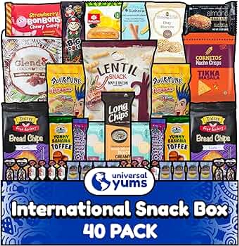 Universal Yums International Snack Box | Variety Pack Of Chips, Candy, Chocolates, And Snacks From Around The World | Foreign Snacks For Students, Back to School, College, Office | (40 Exotic Snacks)