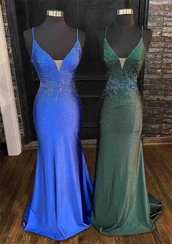 Trumpet/Mermaid V Neck Spaghetti Straps Sweep Train Jersey Prom Dress With Beading - Prom Dresses - Stacees