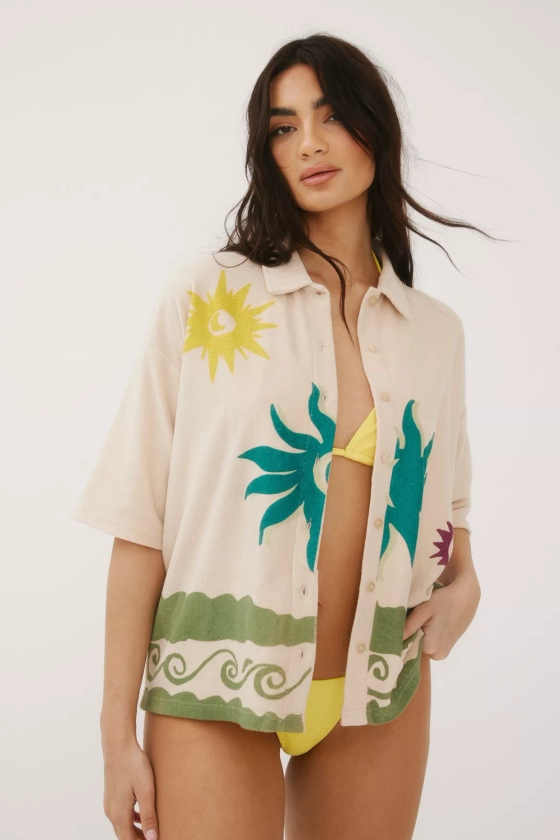 Towelling Wave Print Beach Shirt