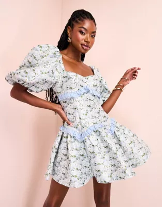 ASOS LUXE jacquard puff sleeve skater mini dress with embroidered trim in blue floral print | ASOS