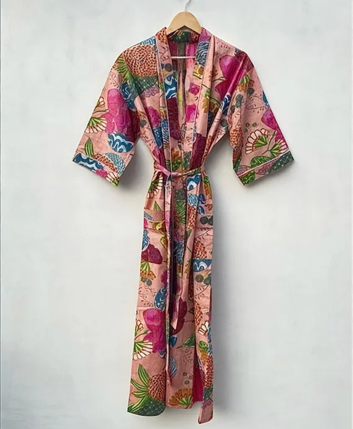 Robe de chambre kimono en coton, robe de mariée, robe de demoiselle d'honneur à imprimé bloc, vêtements de nuit d'été, peignoir, vêtements de plage, femmes, hommes, cadeaux floraux - Etsy France