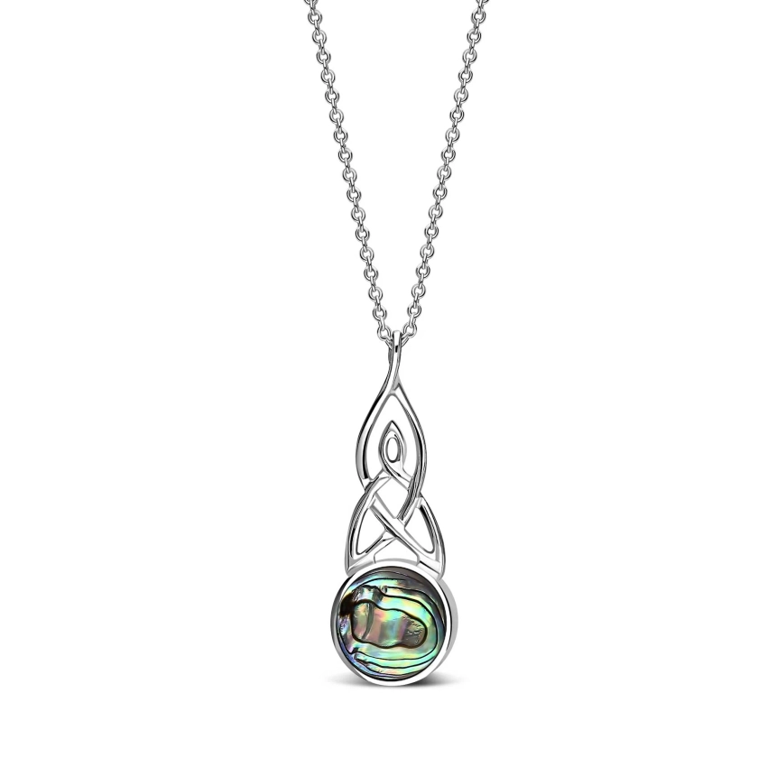 Sterling Silver Whitby Jet & Abalone Long Celtic Round Double Sided Pendant