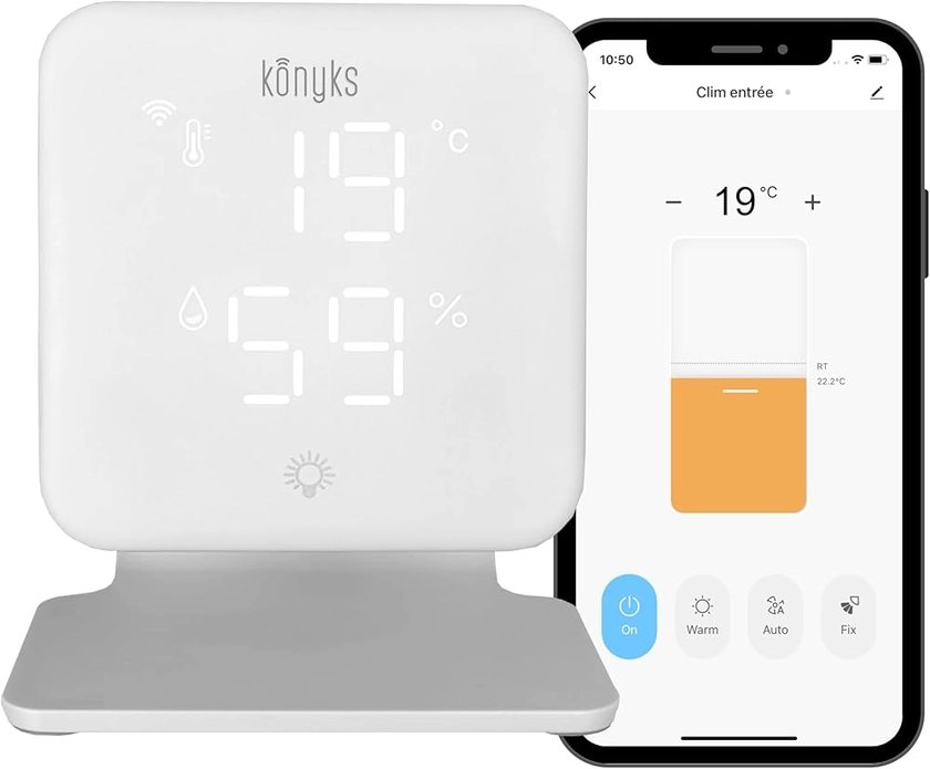 Konyks Climpac - Thermostat Wi-FI pour Climatiseurs et Pompes à Chaleur Air-Air, contrôle à Distance, Commande vocale, thermomètre et hygromètre intégrés