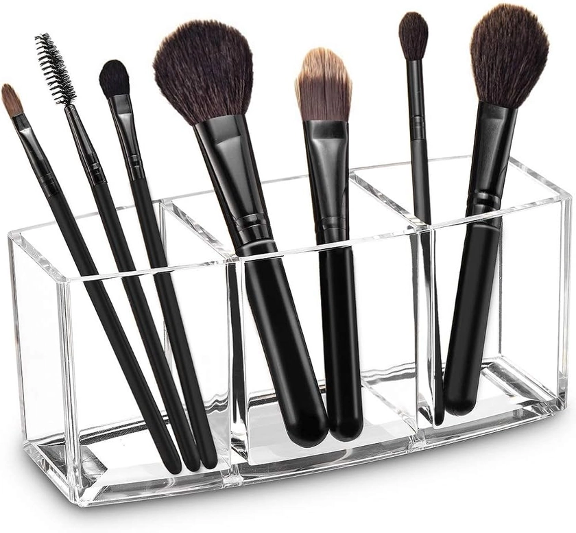 Acrylic Makeup Brush Organizer Holder Clear Cosmetic Brushes Storage with 3 Slots