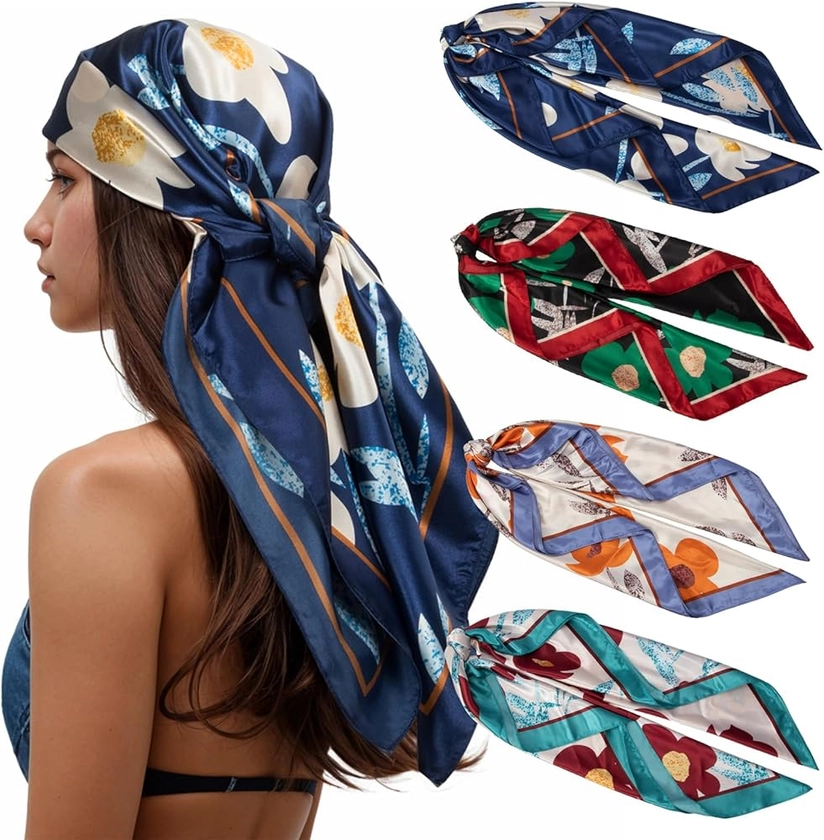 RIIQIICHY 35 Inch Head Scarf for Women Like Silk Scarf Hair Scarf - 4 PCS Square Scarf Bandanas for Women