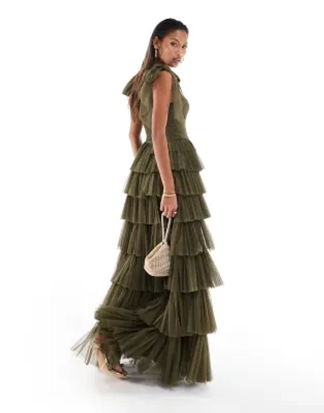 Lace & Beads - Robe longue à volants en tulle avec épaules nouées - Olive foncé | ASOS