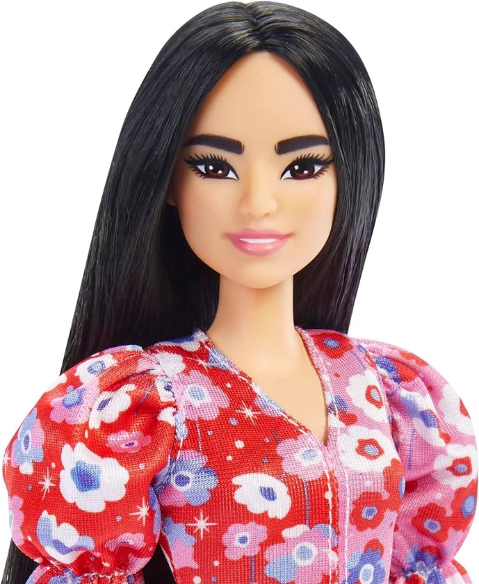 Barbie Fashionistas Doll #177 with Long Black Hair & Color Block Floral Dress with Puffed Sleeves, Strappy Purple Heels, Butterfly Ring, Toy for Kids 3+ : Amazon.co.uk: Toys & Games