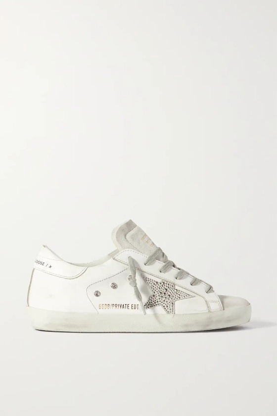 GOLDEN GOOSE Superstar crystal-embellished distressed leather and suede sneakers