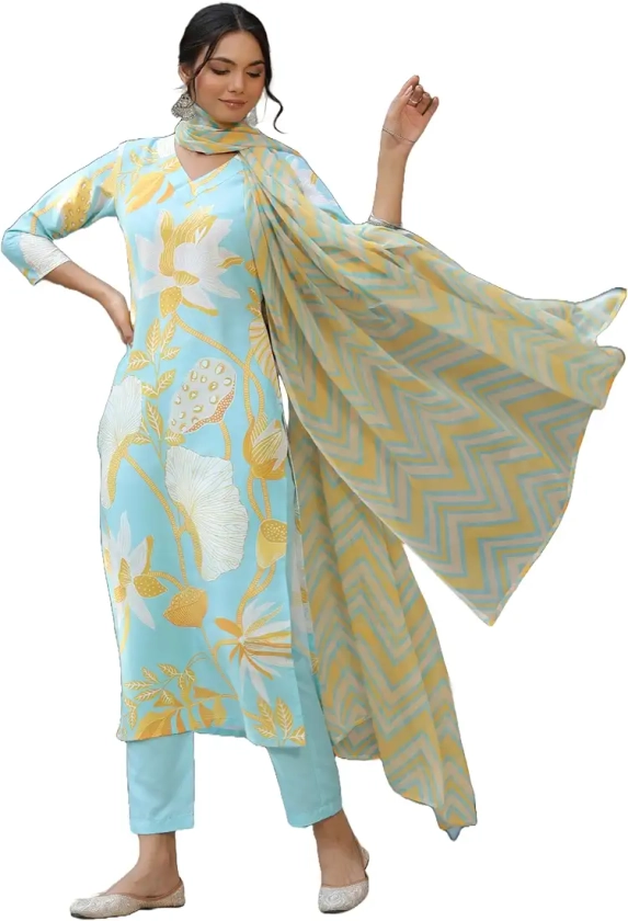 Buy ANNI DESIGNER Women's Cotton Blend Straight Printed Kurta with Pant & Dupatta (Sohini Pista-BFD_S_Pista_Small) at Amazon.in