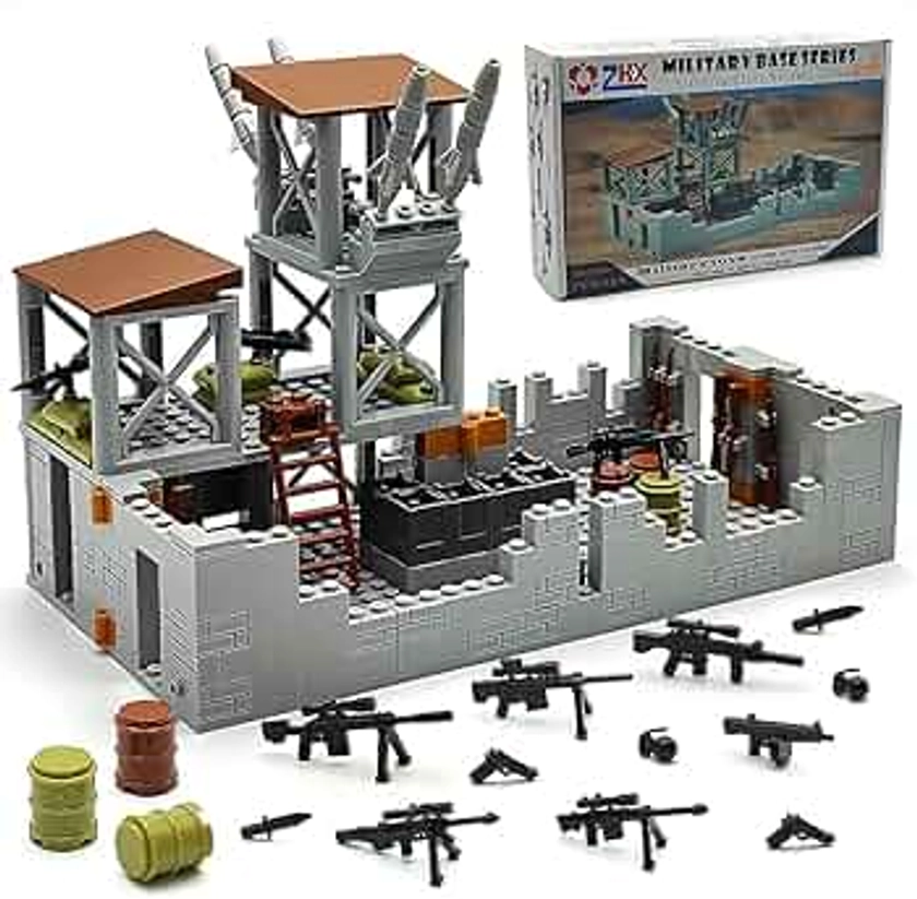 ZHX Military Base Building Brick Set for Army Minifigure War Accessories, Defence Base Guard Tower Guns Weapons Building Block Toy for Kids 8 10 12 14 Years