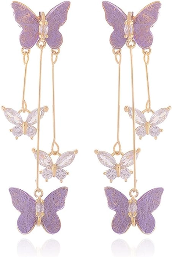Purple Butterfly Earrings Purple Dress for Woman Outfits Crystal Tassel Butterfly Purple Earrings Jewelry for Teen Girls Gift Spring Earrings Gifts