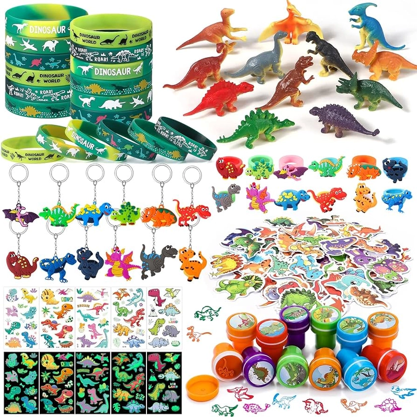 Amazon.com: B Bascolor 132Pcs Dinosaur Party Favors for Kids Birthday Supplies Goodie Bags Stuffers Boys Gift Luminous Tattoo Sticker Silicone Rings Keychains Plastic Dinosaur Stamps : Toys & Games