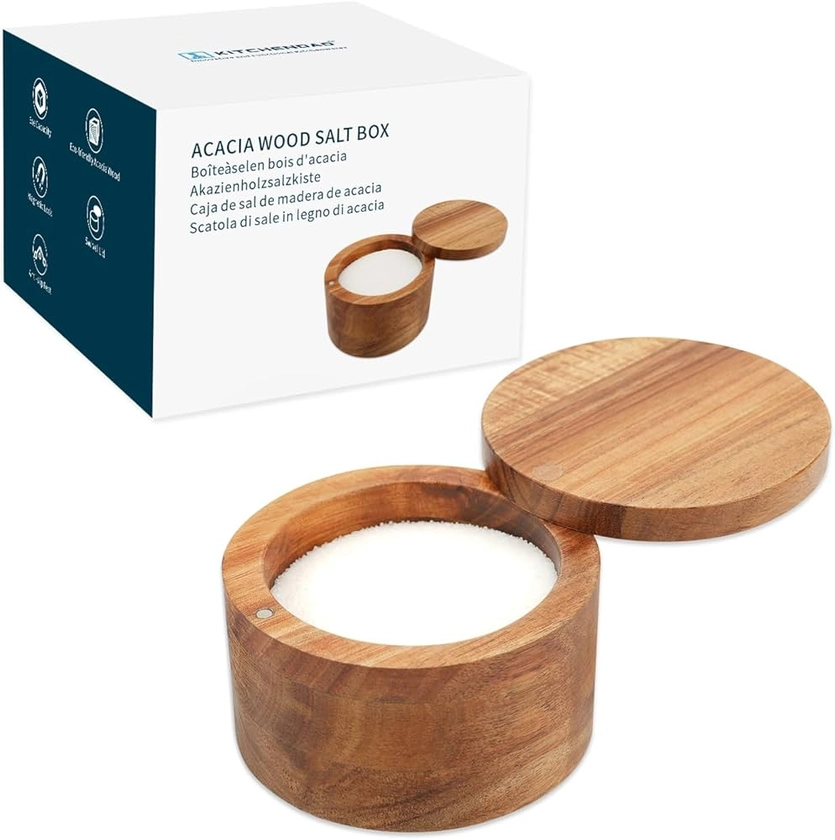 KITCHENDAO Acacia Wood Salt Cellar Bowl Box, Elegant Kitchen Salt Container Holder with Swivel Magnetic Lid to Store Pepper Spice Bath Salt Sea Salt Herbs or Favorite Seasonings, 6oz