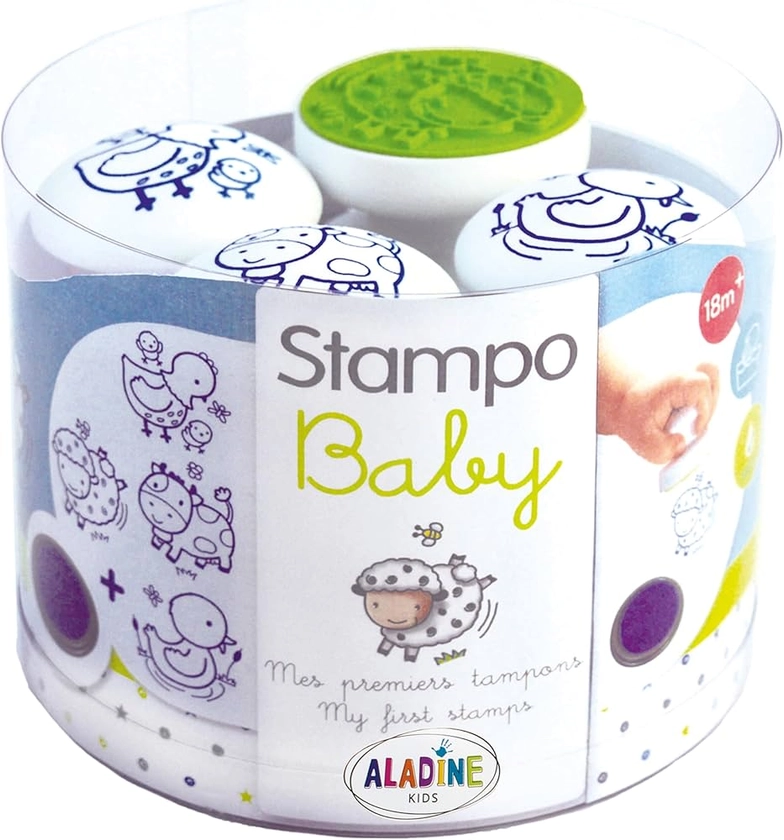 Aladine - Stampo Baby Ferme - Kit Tampons Enfant - Activités Manuelles Bébé - Encre Lavable - Jouets et Jeux Créatifs- Boîte de 4 Tampons + Grand Encreur Bleu Inclus - Dès 18 mois