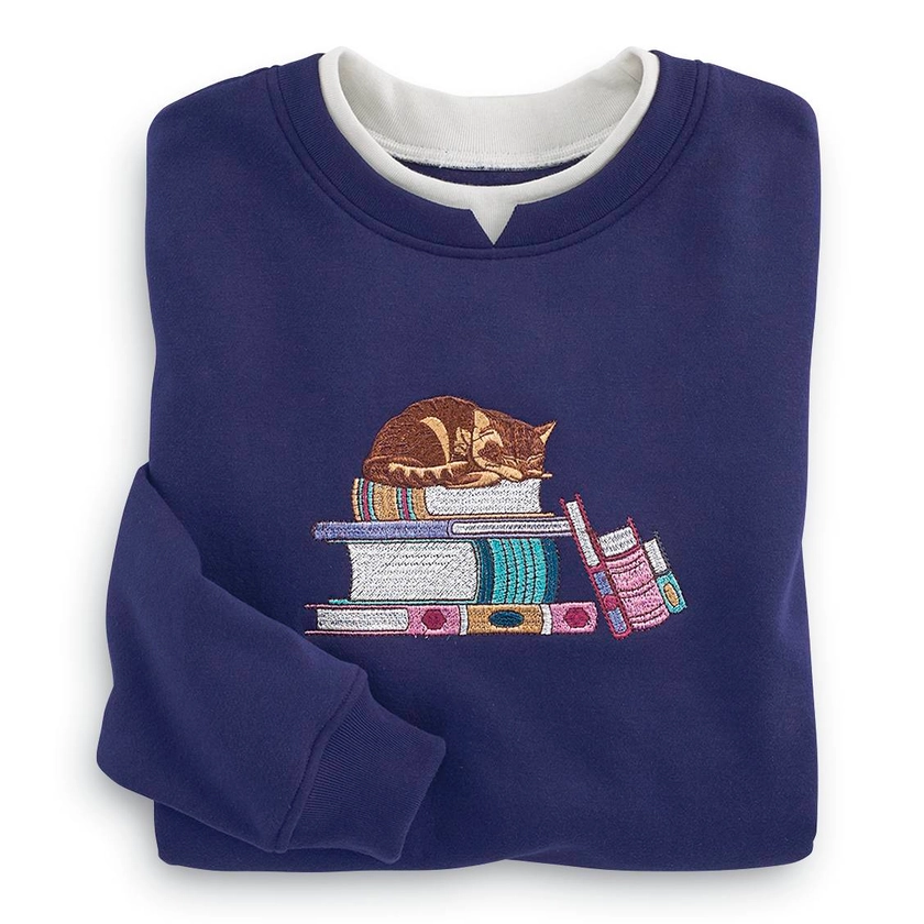 Embroidered Books & a Cat Sweatshirt - Country Store Casual Collection