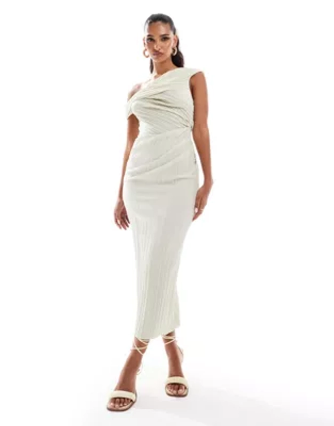 ASOS DESIGN plisse twist fallen shoulder midi dress in cream | ASOS